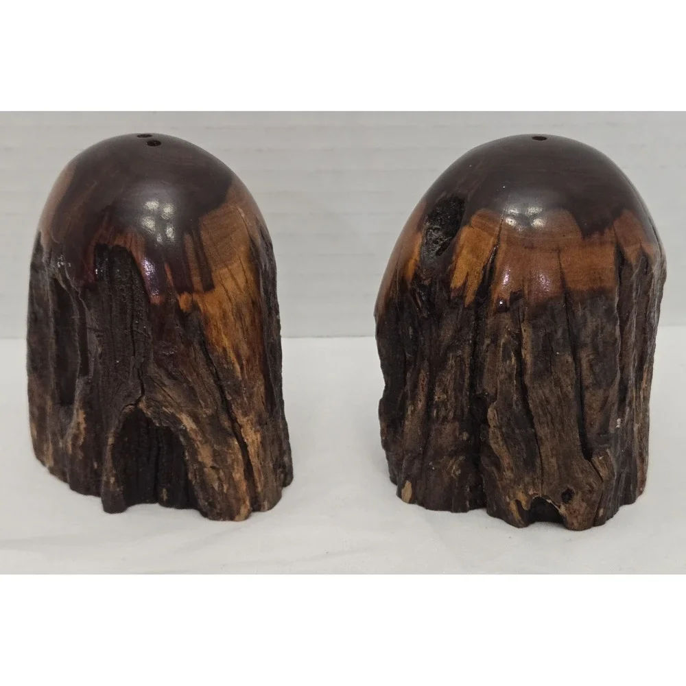 Vtg Handcrafted MCM California Redwood Tree Bark Live-Edge Salt/Pepper Shakers